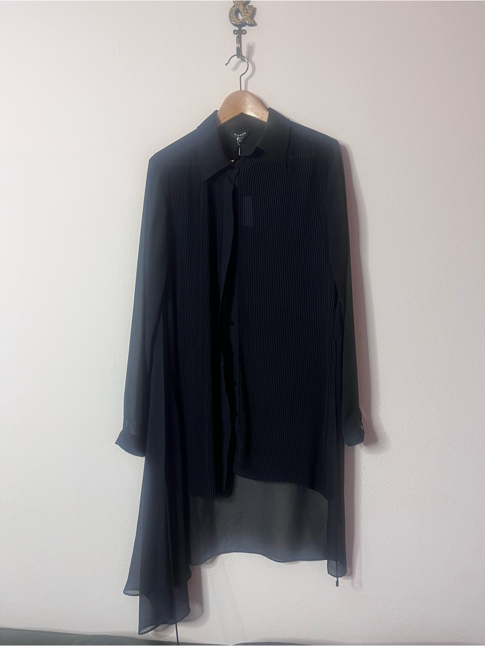 Worth Black Asymmetric Long Sleeve Sheer Tunic